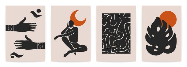 Conjunto de fondo boho abstracto. Manos humanas de mediados de siglo, silueta corporal, flores, luna solar. Ilustración vectorial - Vector, imagen