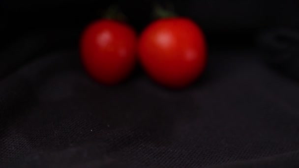 Ντομάτες κεράσι με σταγόνες νερού σε μαύρο φόντο - Πλάνα, βίντεο