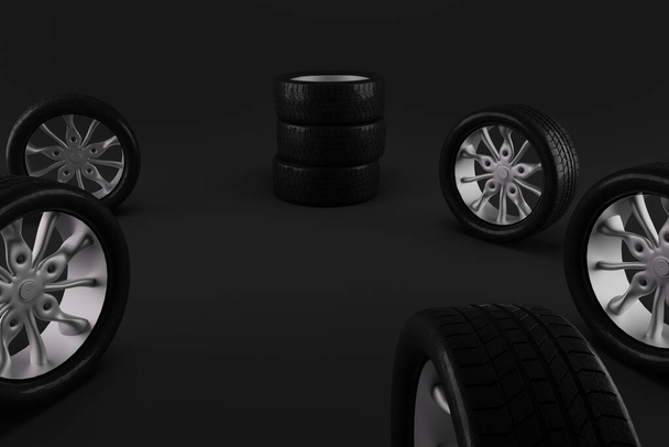 Le ruote si riposeranno su uno sfondo grigio scuro. Illustrazione 3D - Foto, immagini