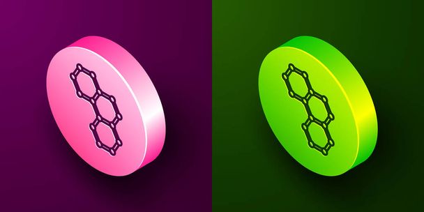 Linea isometrica Icona di formula chimica isolata su sfondo viola e verde. Esagono astratto per la medicina dell'innovazione, la salute, la ricerca e la scienza. Pulsante cerchio. Vettore. - Vettoriali, immagini