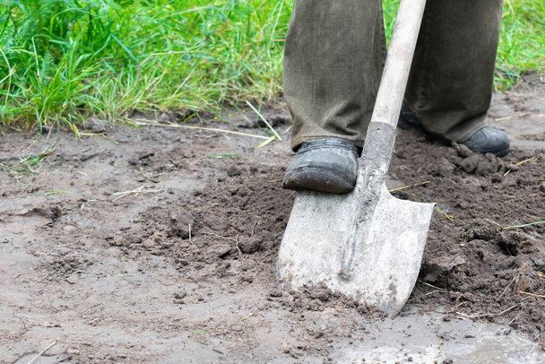 土を掘る労働者の農民の足、庭のゴムブーツでシャベルで地面、閉じる. - 写真・画像