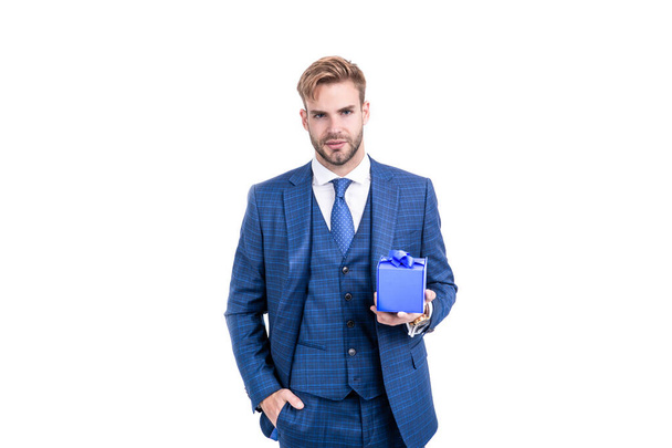 businessman man in businesslike suit hold present box as business reward, corporate present. - Φωτογραφία, εικόνα