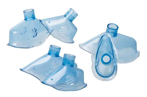Set of nebulizer inhalation masks (for kids and adults), respiratory mask isolated on white background with clipping path. Compressor nebulizer equipment. Medical equipment for inhalation. - Photo, Image