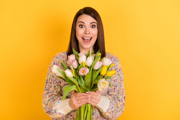 Foto de encantador feliz agradável mulher espantada segurar flores tulipas surpresa isolado no fundo de cor amarelo brilhante - Foto, Imagem