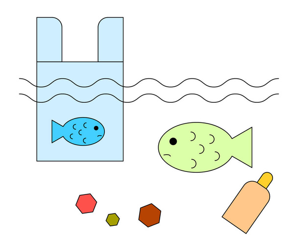 Pieni kala muovipussissa - ekologia - Vektori linja taidekuva - Vektori, kuva