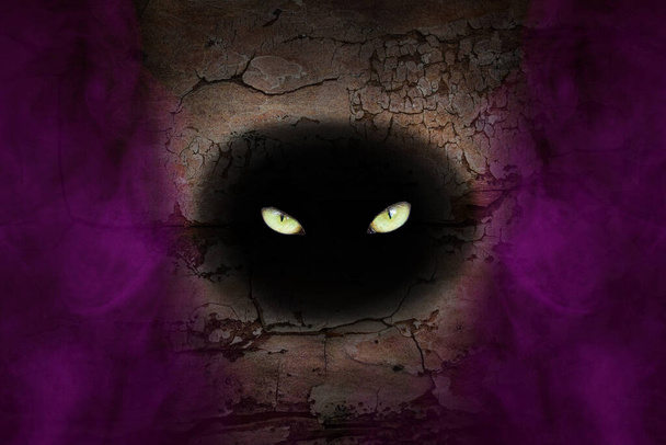 żółte oczy dzikiej bestii błyszczą w ciemnej dziurze pnia drzewa abstrakcja koncepcji przyrody na halloween purpurowa mgła na krawędziach - Zdjęcie, obraz