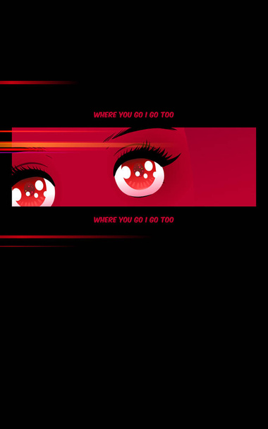 Zwarte en rode anime ogen sprankelende en schitterende stijl poster ontwerp template, 's nachts rijden en nostalgische gevoelens, esthetische illustratie - Vector, afbeelding