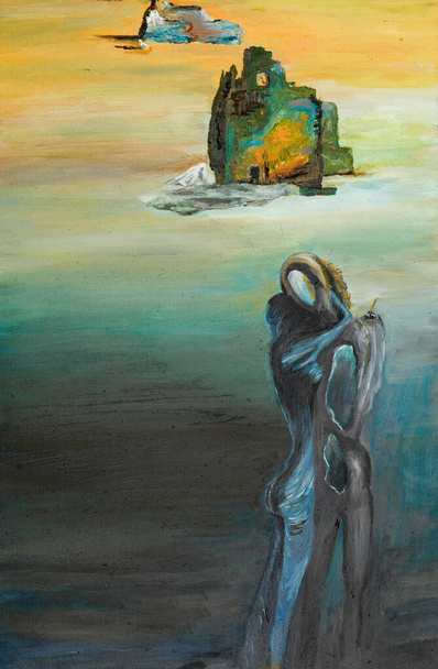 olieverfschilderij illustreren een surrealistische scène, twee mensen omarmen elkaar - Foto, afbeelding