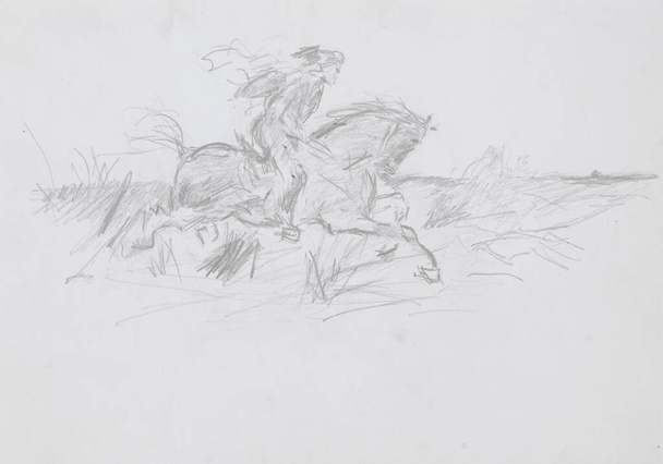 ескіз в техніці олівця чоловіка, який їде на коні на полі
 - Фото, зображення