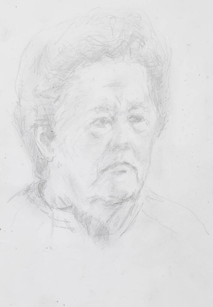 ζωγραφισμένο στο χέρι πορτρέτο ηλικιωμένης γυναίκας σε τεχνική μολυβιού, σε λευκό χαρτί - Φωτογραφία, εικόνα