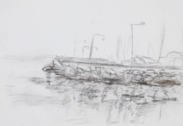hand drawn sketch of a dock in pencil technique - Photo, Image
