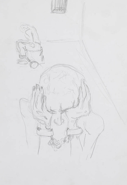 bosquejo dibujado a mano de hombre encarcelado desesperado con esposas, técnica de lápiz - Foto, Imagen