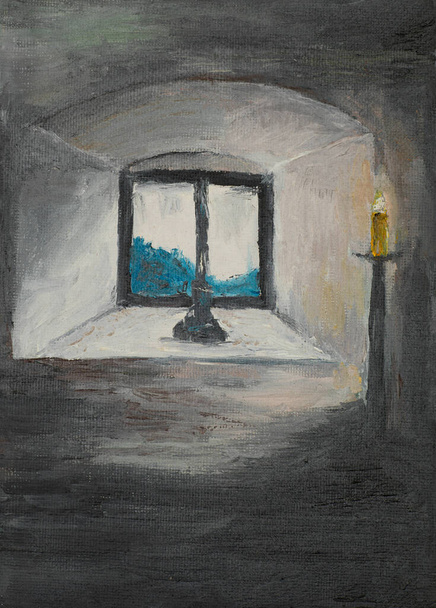 pintura al óleo que ilustra una ventana cerrada dentro de la habitación de un castillo con velas - Foto, Imagen