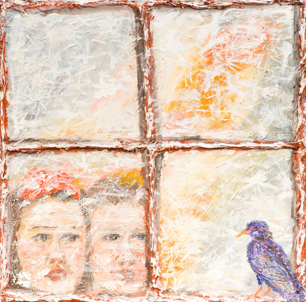 olieverf illustreren twee kinderen kijken naar een vogel achter een raam glas - Foto, afbeelding