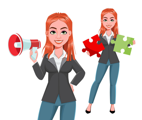Schöne Geschäftsfrau, zwei Posen. Fröhliche Geschäftsfrau Cartoon-Figur. Aktienvektorabbildung auf weißem Hintergrund - Vektor, Bild