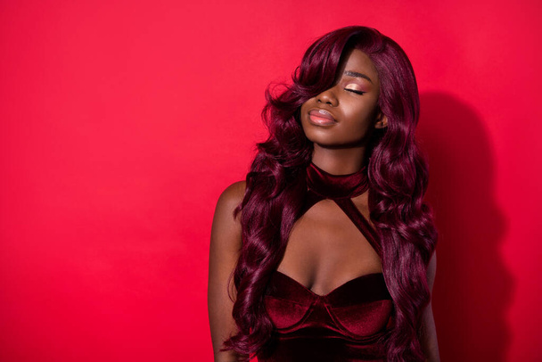Portrait of attractive gorgeous chic dreamy girl wearing velvet dress wig isolated over bright red color background - Fotoğraf, Görsel