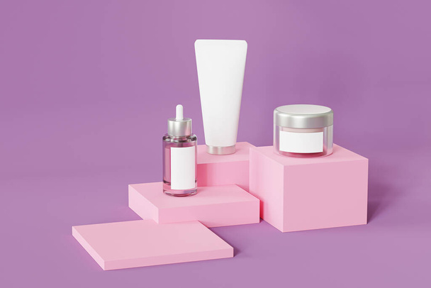 Mockup láhev, trubice a sklenice pro kosmetické výrobky, šablona nebo reklama, růžové pozadí, 3D ilustrace vykreslení - Fotografie, Obrázek