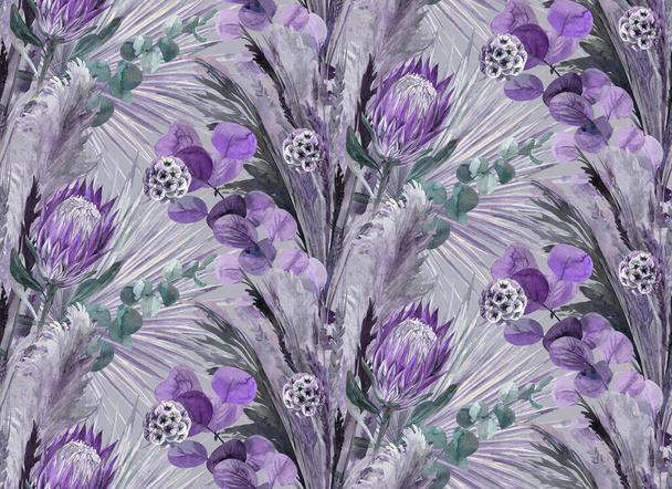 violetti kukkakimppu kuivattuja kukkia protea kukka maalattu akvarelli - Valokuva, kuva