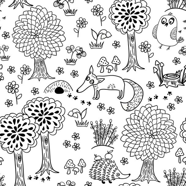 Cute doodle seamless pattern with forest animals - Vector, Imagen