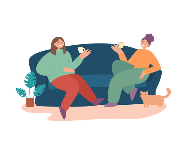Улыбающиеся подруги пьют чай на домашней векторной плоской иллюстрации. Счастливая женщина смеется и сплетничает сидеть на удобном диване изолированы. Люди проводят время вместе, общаясь по-дружески - Вектор,изображение