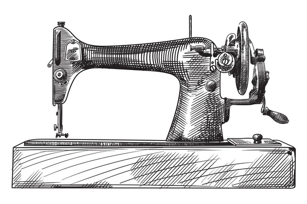 Máquina de coser a mano antigua sobre una base de madera. Un bosquejo a lápiz simple rápido. - Vector, Imagen