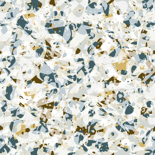 Бесшовный векторный рисунок Terrazzo в оттенках синего, коричневого и горбатого желтого на белом фоне. Перекрывающиеся элементы. Для обоев, стационарных, оберточной бумаги и интерьеров. - Вектор,изображение