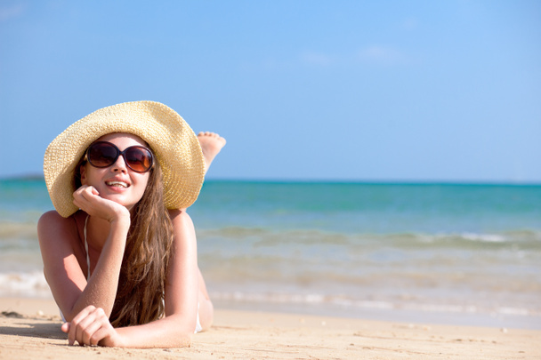 long haired happy young woman in bikini smiling on tropical Thailand beach - Фото, зображення