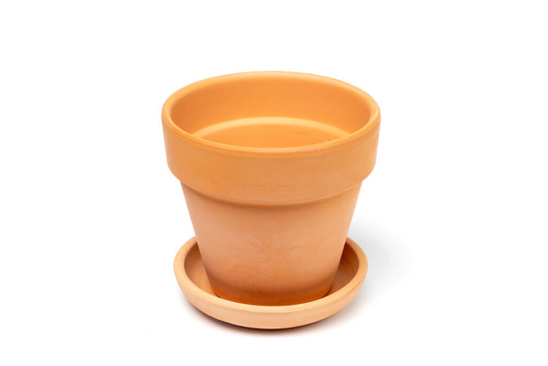 New ceramic flower pot with saucer. Gardening concept, indoor garden Isolated on white background. - Photo, Image