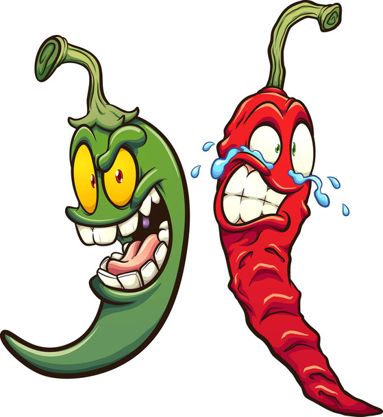 Green and red chili peppers smiling and crying. Vector clip art illustration with simple gradients. Each on a separate layer. - Vector, Image