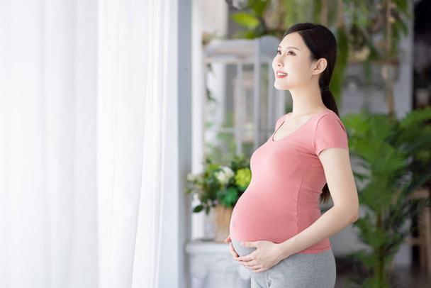 Side view of beautiful asian pregnant woman standing near window at home with smiling - Valokuva, kuva