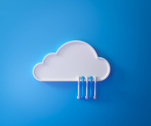 Cloud computing service, cloud data storage technology hosting concept. white cloud with cables on blue background. 3D render illustration. - Photo, Image