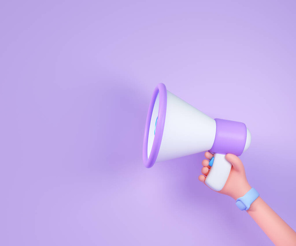 Cartoon hand holding megaphone on purple background with copy space. 3d render illustration - 写真・画像