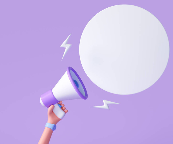 Cartoon hand holding megaphone with speech bubble on purple background with copy space. 3d render illustration - Photo, Image
