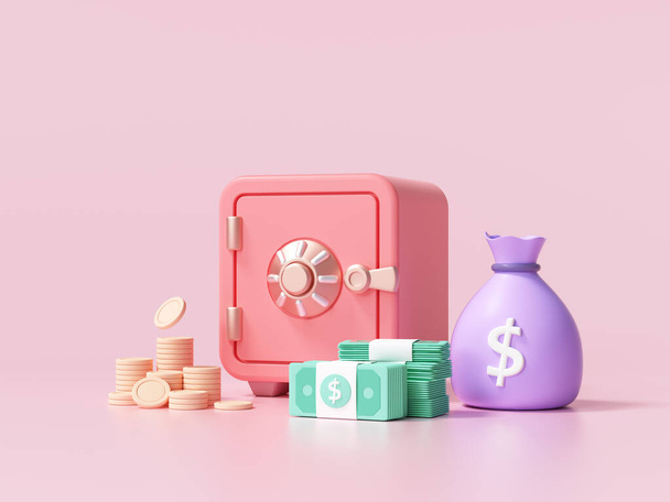 Red Safe box with coins and stacks of dollar cash font view on pink background. 3d render illustration - Photo, Image