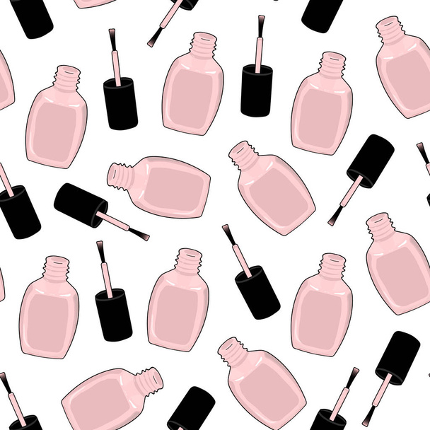 Seamless pattern beige nail polish, an open bottle, brush. Hand drawing. Vector illustration. white background. - Wektor, obraz