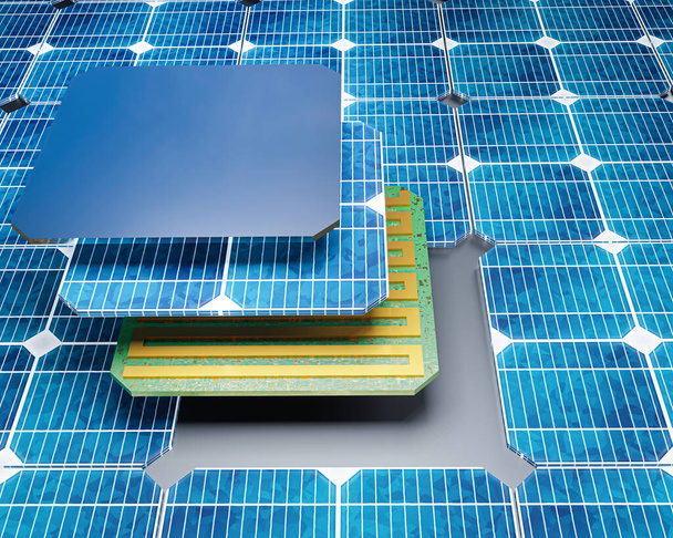Bir güneş panelinin parçalarını gösteren grafik, mavi güneş enerjisi, fotovoltaik panel - 3D illüstrasyon - Fotoğraf, Görsel