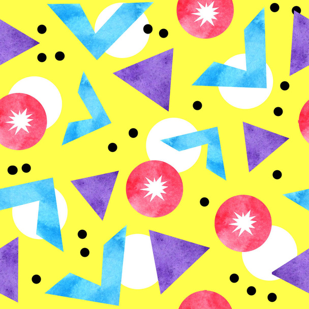 Akvarel bezešvné ručně kreslené vzor 90. let 20. století memphiské abstraktní styl. Jasně modrá žlutá růžová fialová geometrický kruh cik cak prvky, funky hipster design pro textilní módní balicí papír. - Fotografie, Obrázek