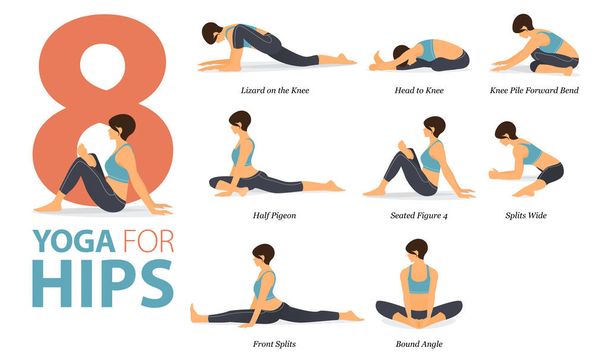 Infografía 9 Posturas de yoga para entrenar en casa en concepto de Yoga para caderas en diseño plano. Mujeres haciendo ejercicio para estirar el cuerpo. Postura de yoga o asana para infografía fitness. Ilustración plana del vector de la historieta. - Vector, imagen