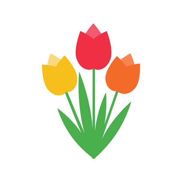 Tulipánový kyticový vektor izolovaný na bílém pozadí. Jarní květiny. Pozdrav. Návrh tisku. Květinové logo. Botanická ikona. Plochý. Jasné zářivé barvy. - Vektor, obrázek