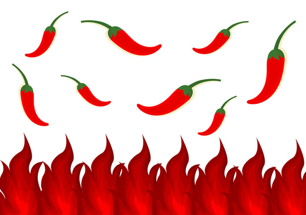 ilustración con un tema picante con un diseño de chiles rojos y un fuego ardiente que indica picante y picante - Vector, imagen