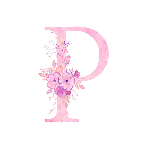 Pink letters with flowers. Romantic, delicate watercolor font. - Valokuva, kuva