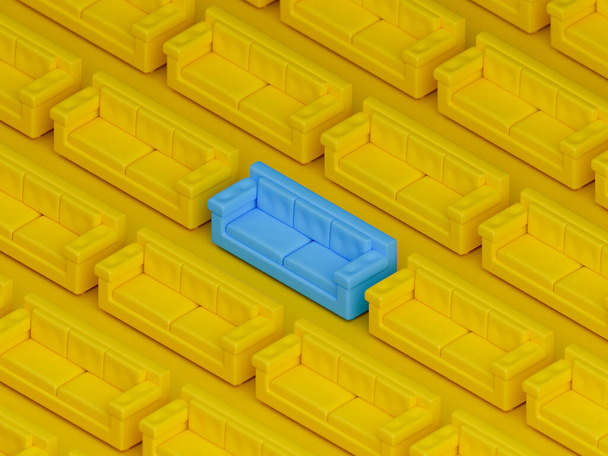 3Dレンダリング青と黄色のソファのアイソメトリックバックグラウンド.  - 写真・画像