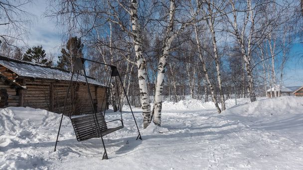 On the ground covered with snow, paths are trodden, nearby are snowdrifts. There is a wooden swing - a bench on metal supports. At the back is a log house. Winter leafless birch grove, blue sky - Fotografie, Obrázek