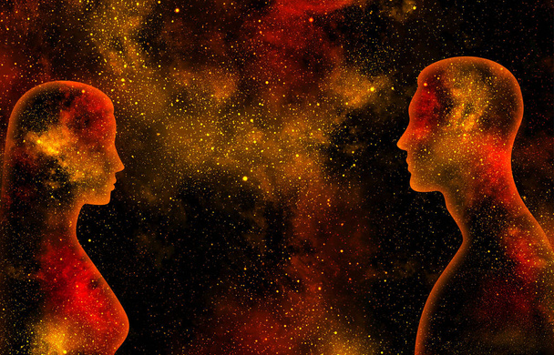 Female and male shining silhouettes on a background of yellow and red starry universe - Zdjęcie, obraz