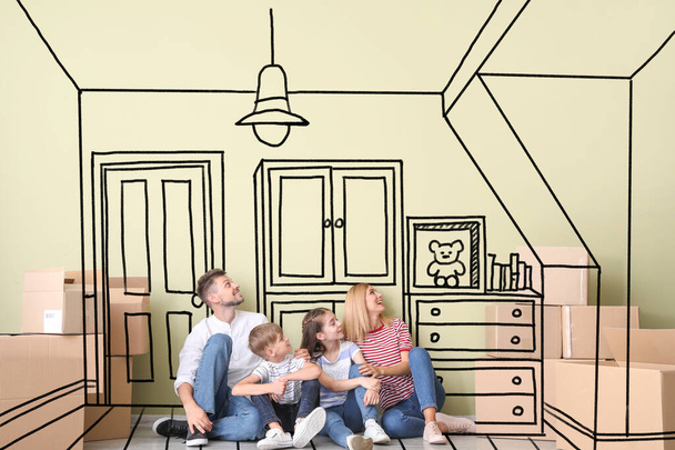 Счастливая семья с детьми думает о дизайне своего нового дома - Фото, изображение