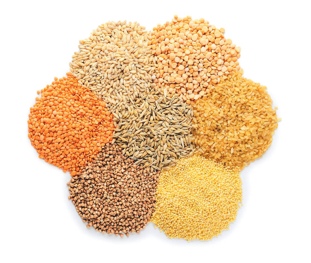 Heap of different cereals and legumes on white background - Photo, Image