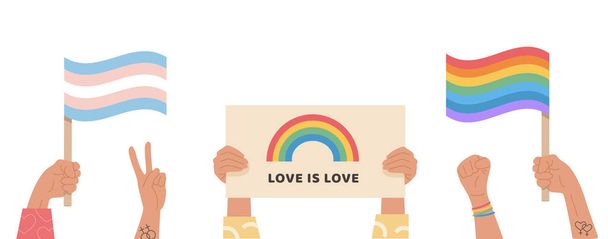 人々の群衆は、誇りの月のお祝いの間に、トランスジェンダーとゲイの旗、 lbt虹とプラカードを持っています。LGTBQパレードのシンボルを持つ手。白を基調としたベクトルイラスト - ベクター画像
