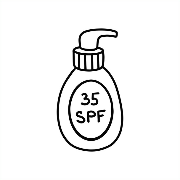 Крем от загара для тела. Упаковка солнцезащитного крема. Солярий с SPF. Векторная иллюстрация в стиле каракулей - Вектор,изображение