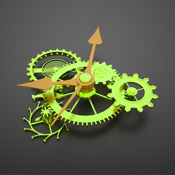 Meccanismo orologio verde ingranaggi con frecce arancioni
  - Foto, immagini
