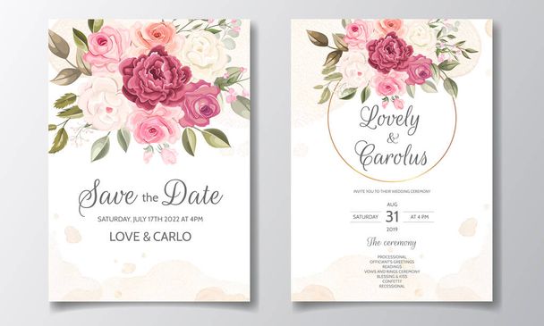 Beautiful and elegant wedding invitation card template set with floral frame - Vector, Image